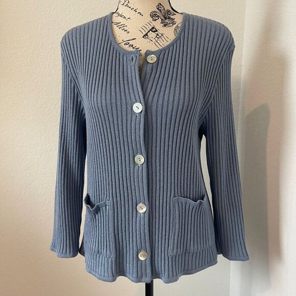 VTG‎ Talbots Sweater Cardigan Ribbed Button Up Large Blue Classic Casual Comfy - Picture 1 of 10